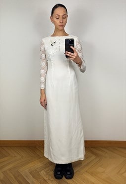 Long Simple Wedding dress with long sleeve lace top
