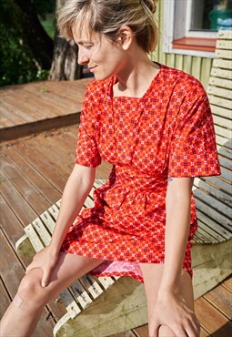 80's Vintage Cotton Midi Summer Dress in Red 