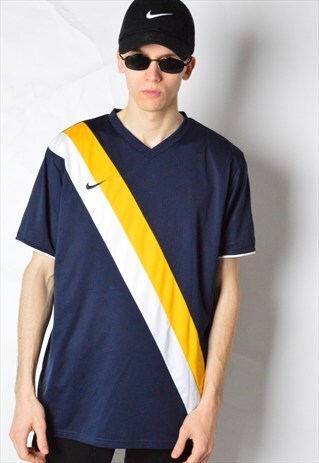NAVY BLUE STRIPED MESH NIKE SPORTS T-SHIRT