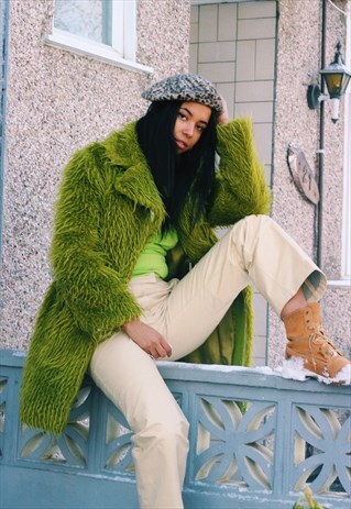 GREEN FLUFFY FAUX FUR Y2K STYLE COAT