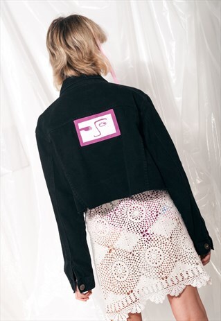 VINTAGE DENIM JACKET 90S REWORKED CROP SAD FACE PATCH COAT