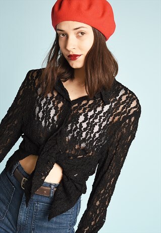 90'S RETRO PARIS CHIC GRUNGE MESH SHEER LACE BLOUSE SHIRT