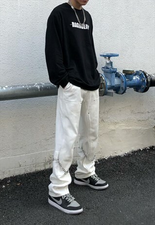 WHITE CHAIN STRAIGHT LEG HIP HOP CASUAL PANTS