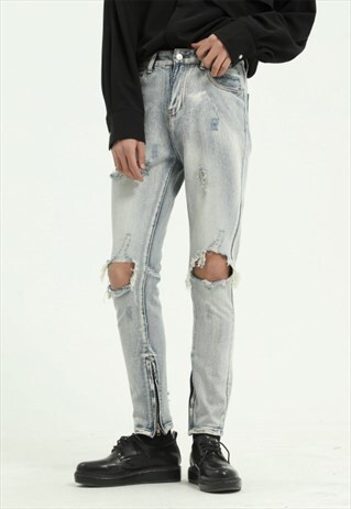 KALODIS LIGHT BLUE RIPPED SLIM-FIT JEANS