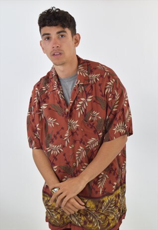 VINTAGE 90S RED BROWN HAWAIIAN FLORAL PATTERNED SHIRT