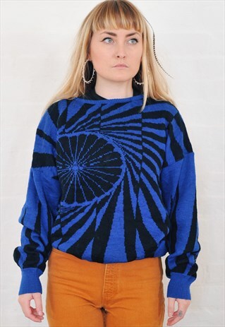 VINTAGE 90'S ABSTRACT PATTERN BLUE ORANGE PRINT KNIT JUMPER