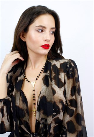 BLACK & GOLD BEADED ROSARY NECKLACE