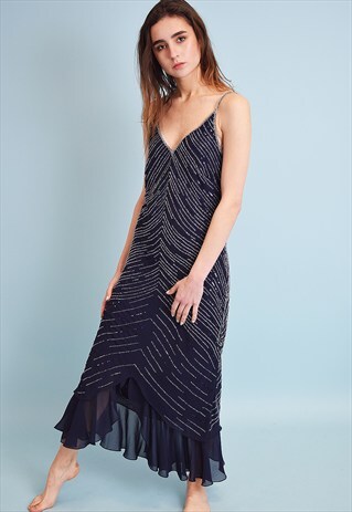 90'S RETRO ROMANCE ART DECO BEADED MAXI SPAGHETTI DRESS