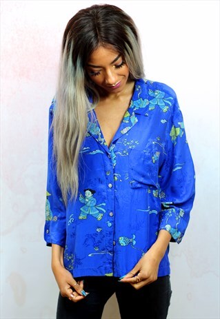 1990S VINTAGE BLUE JAPANESE PRINT SILKY BLOUSE