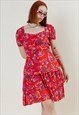VINTAGE 80S WESTERN RED&FLORAL SQUARE NECK MIDI DRESS M