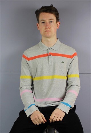 VINTAGE LACOSTE LONG SLEEVE POLO SHIRT IN GREY WITH EMBROIDE