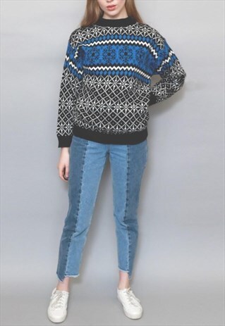 VINTAGE 1990'S BLACK NORDIC PATTERN KNIT JUMPER