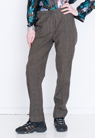 VINTAGE GREY CHECKED HIGH WAIST WIDE LEG RETRO TROUSERS