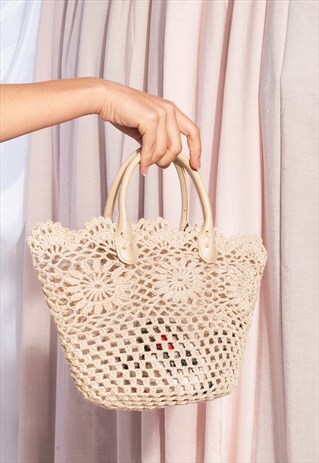 VINTAGE CROCHETED BAG 90S BEIGE HANDBAG PURSE