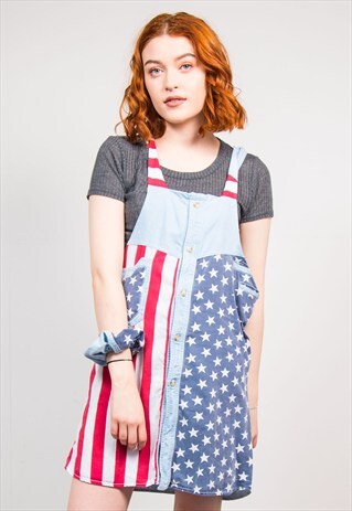 VINTAGE REWORK DENIM AMERICAN FLAG USA PINAFORE DRESS