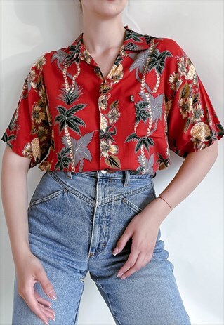 VINTAGE 90S TROPICAL HAWAII PRINT BOXY CHEST POCKET SHIRT M
