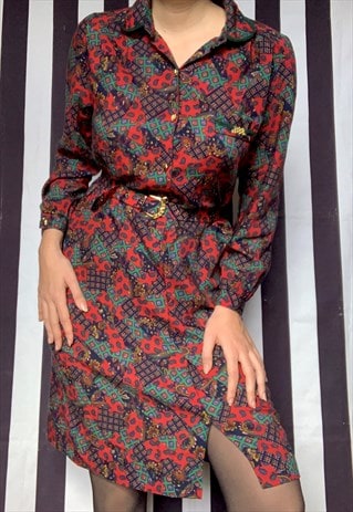 VINTAGE 70S PAISLEY RED BELTED DRESS, UK10/12