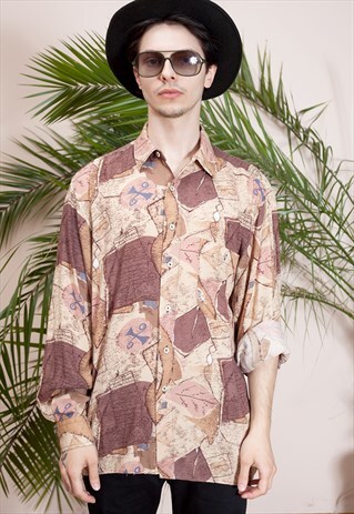 MENS VINTAGE LONG SLEEVE, ABSTRACT PRINT, BUTTON UP SHIRT