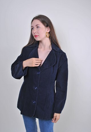 VINTAGE BLUE LONG CORDUROY BLAZER, SIZE M