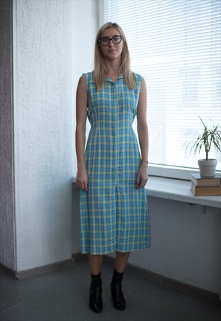 VINTAGE 80'S BLUE PLAID BUTTONS UP SLEEVELESS DRESS
