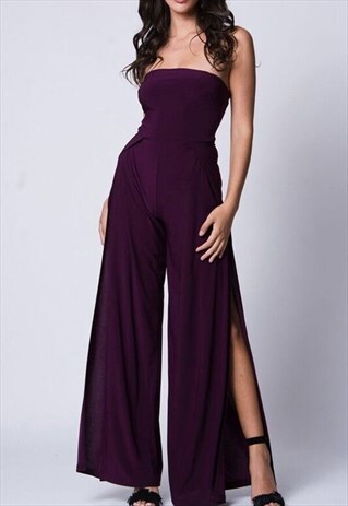 WOMENS STRAPLESS DOUBLE SLIT WIDE LEGS JUMPSUIT SOLID PLUM