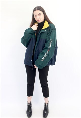 90'S RARE RETRO GREEN & BLUE SPELL-OUT HOODED JACKET
