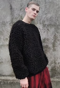 Fluffy fleece sweater drop shoulder wide faux fur top black