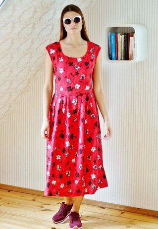 RED BLACK FLOWERS MIDI DRESS