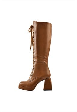 Square Chunky Heels Knee High Platform Boots