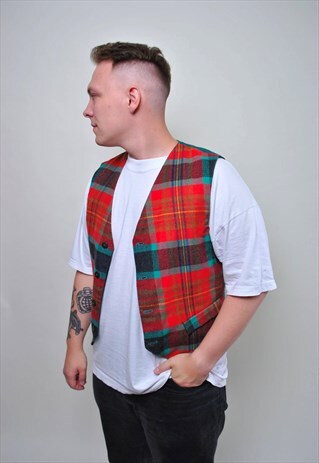 90'S PLAID PATTERN VEST, VINTAGE WOOL BUTTONS TOP