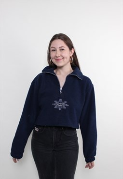 Vintage 90s crop fleece, blue embroidered loose fleece top 