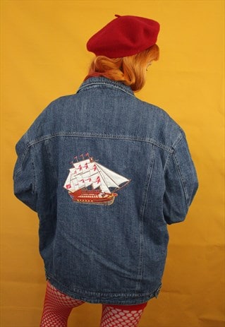 VINTAGE REWORKED DENIM JACKET 90S OVERSIZED WITH SHIP BADGE