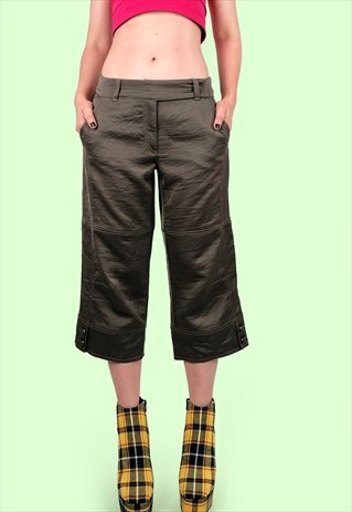 Y2K 2000S LOW-RISE SATIN CAPRI CARGO PANTS OLIVE GREEN