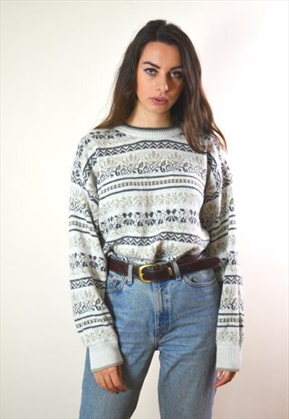 90S VINTAGE CREAM & BROWN PATTERN KNIT JUMPER