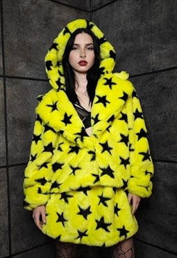 Star print coat yellow fauxfur geometric hooded crop bomber 