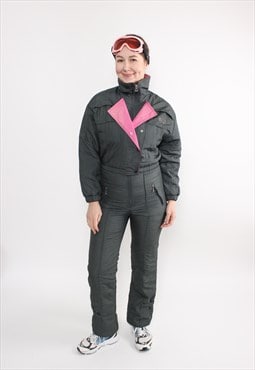 80s black one piece ski suit, vintage snowsuit for her