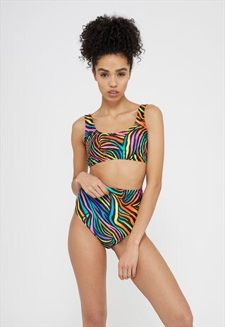 HIGH WAISTED BIKINI IN RAINBOW ZEBRA PRINT
