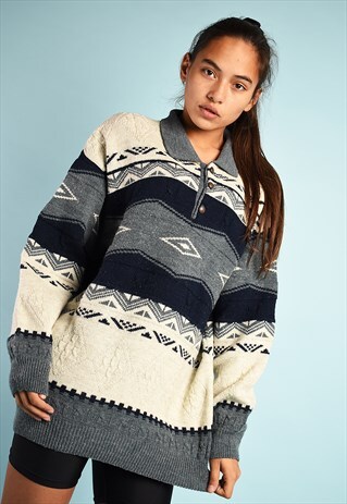 VINTAGE 80'S DAD'S JAZZY ETHNIC PATTERN KNITTED JUMPER