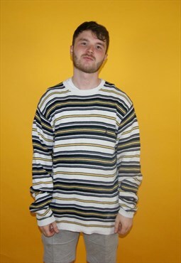 Vintage Y2K Nautica Stripe Chunky Knit Jumper White Navy, L