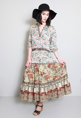 VINTAGE 1970'S BROWN AND BLUE FLORAL PRINT BOHO MIDI DRESS