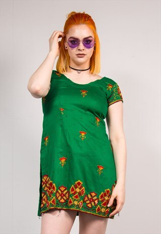 VINTAGE 90'S GREEN FESTIVAL EMBROIDERED MINI DRESS