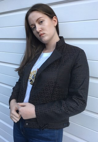 WOMENS VINTAGE FENDI JACKET BROWN MONOGRAM PRINT BIKER COAT