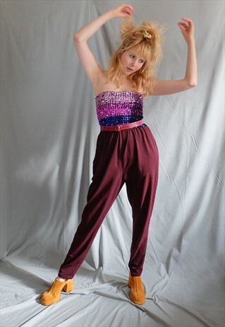 VINTAGE 70S STRETCH SEQUIN PURPLE BANDEAU JUMPSUIT
