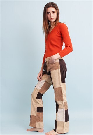 90'S RETRO BOHO PATCHWORK CORDUROY FLARE TROUSERS