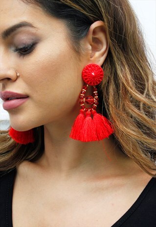 RED TASSEL FRINGE BEADED CHANDELIER DROP EARRINGS