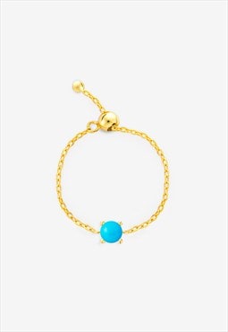 Gold Chain Ring With Turquoise Round Stone - Adjustable
