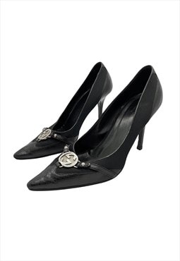 Gucci Heels Courts 37 / 4 Black Pointed Toe Silver GG Logo 