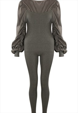 Ruched Knit Coord Set In Grey