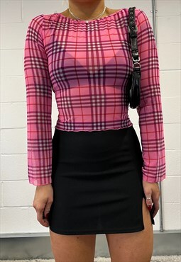 Y2k Pink Checked Mesh Top
