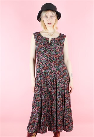 VINTAGE 90S DRESS MIDI Y2K LONG DARK RED FLOWER PRINT SUMMER